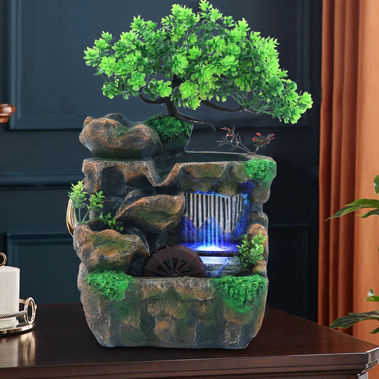 OUKANING Indoor Water Fountain Waterfall Rockery Ornament LED Light Tabletop Home Decor