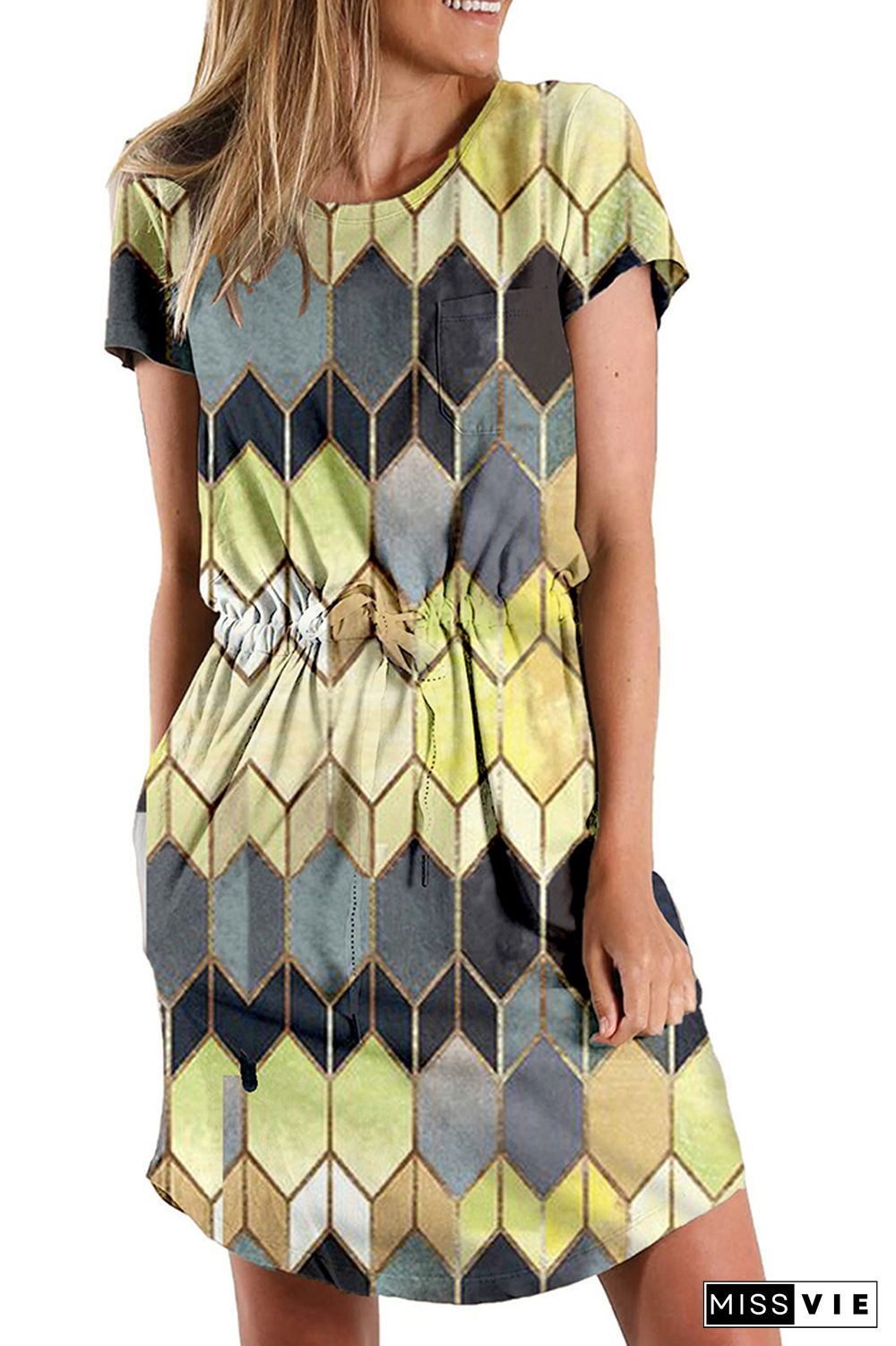 Argyle Print Drawstring Short Sleeve Geometric Dress