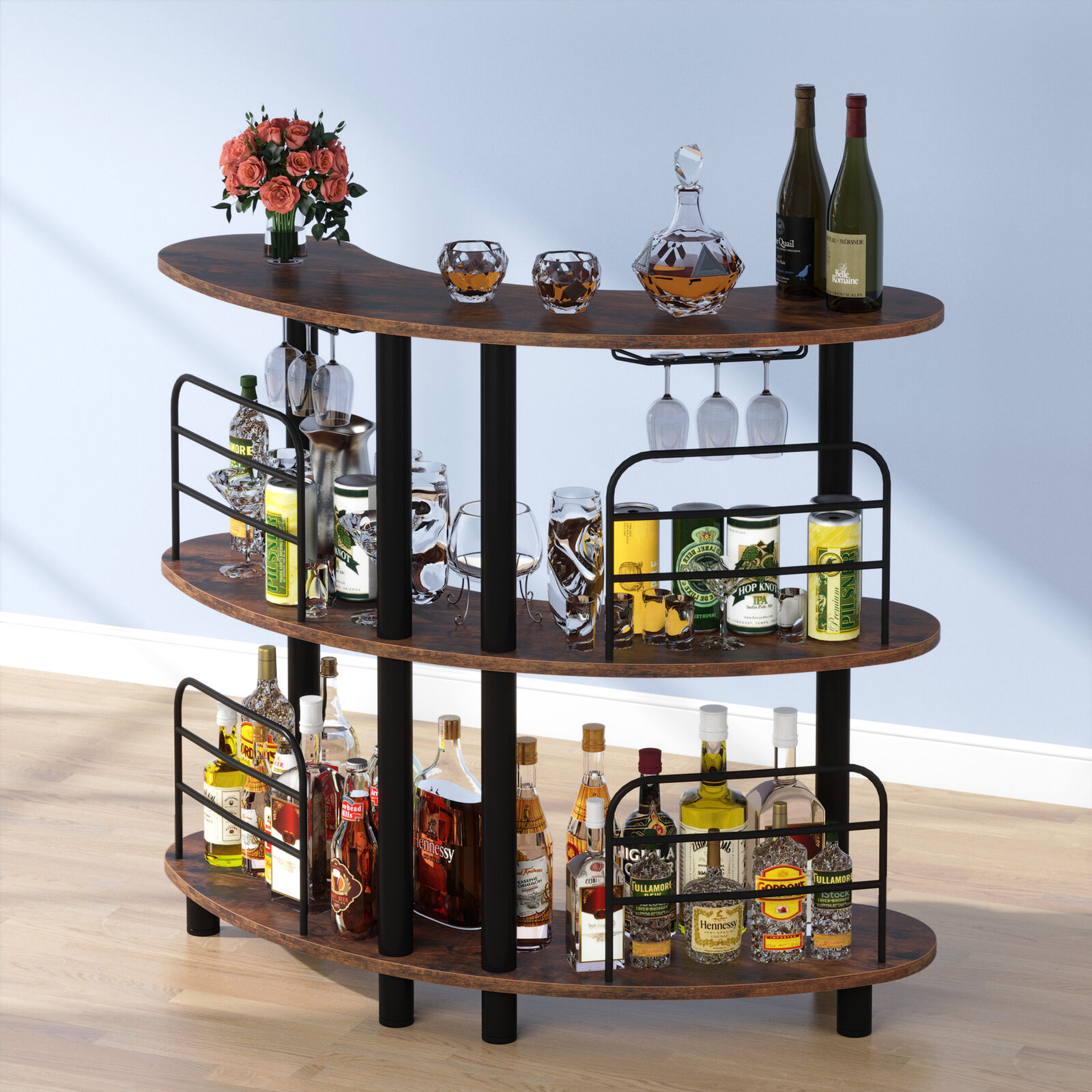 Tribesigns Bar Unit for Liquor 3 Tier Bar Table with Shelves and Wine Glasses Holder for Home Kitchen Rustic Brown