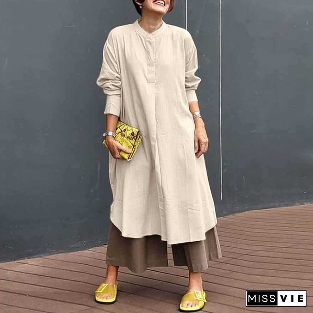 ZANZEA Women Spring Summer Long Sleeve A-line Shirt Dress Solid Casual Loose Midi Dress