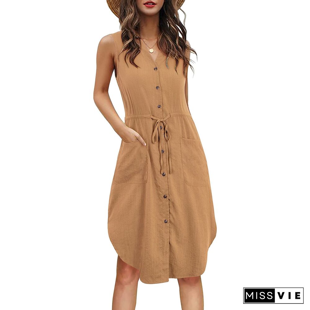 Women's Casual Sleeveless V-neck Button Lace-up Pocket Dress