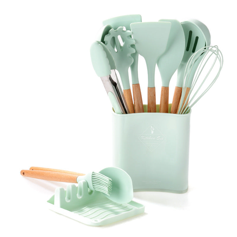 Kitchen Cooking Utensils Set, 11 pcs Non-Stick Silicone Cooking Kitchen Utensils Spatula Set with Holder, Wooden Handle Silicone Kitchen Gadgets Utensil Set