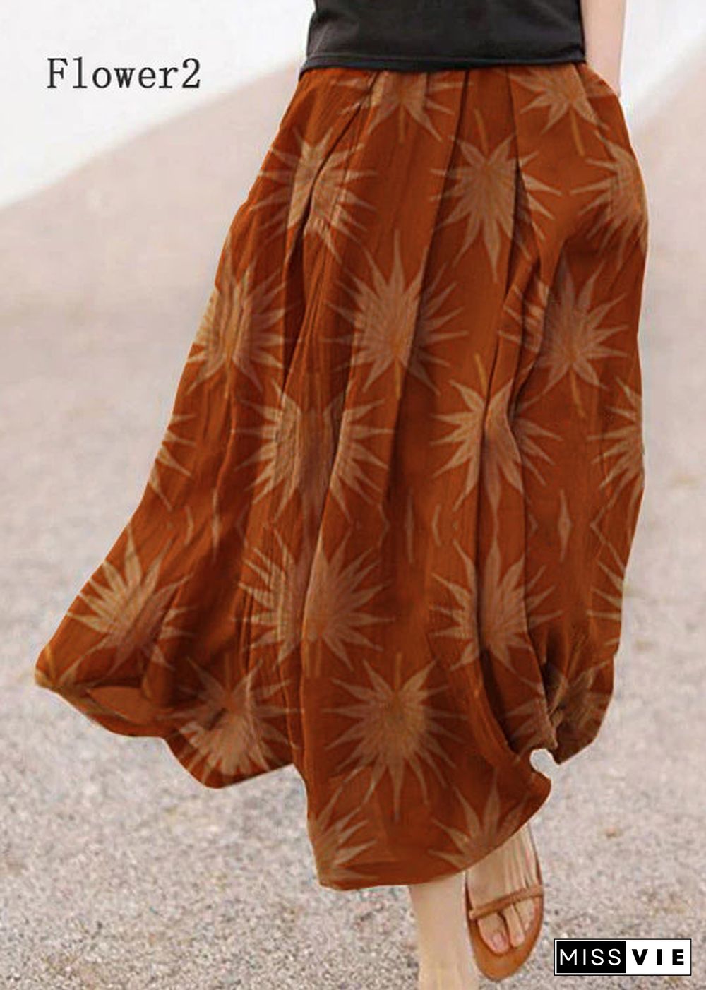 Retro Chocolate-Flower3 Print Pockets Linen Skirt Summer