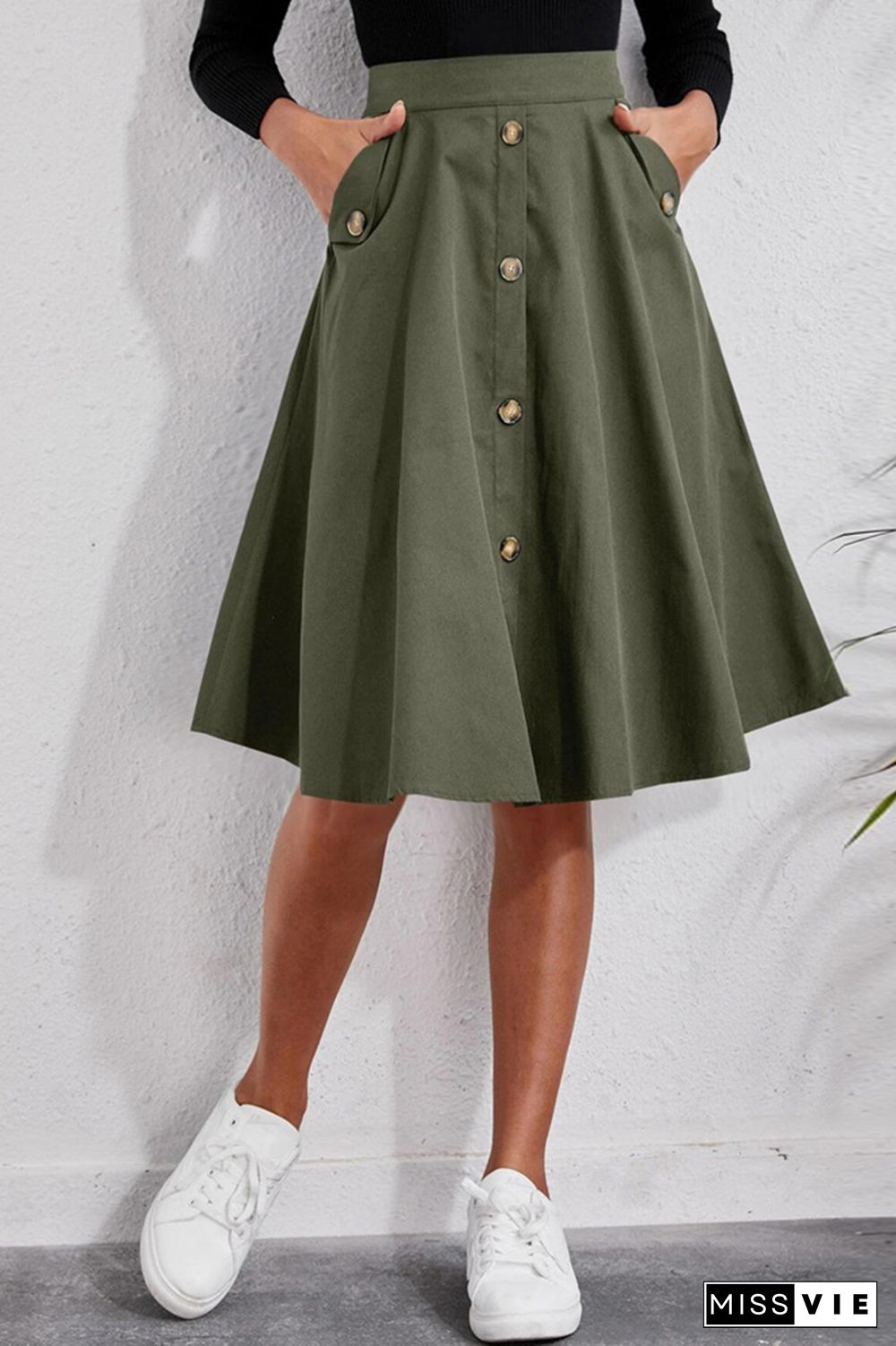 Army Green Button Down Pocket Flowy Skirt