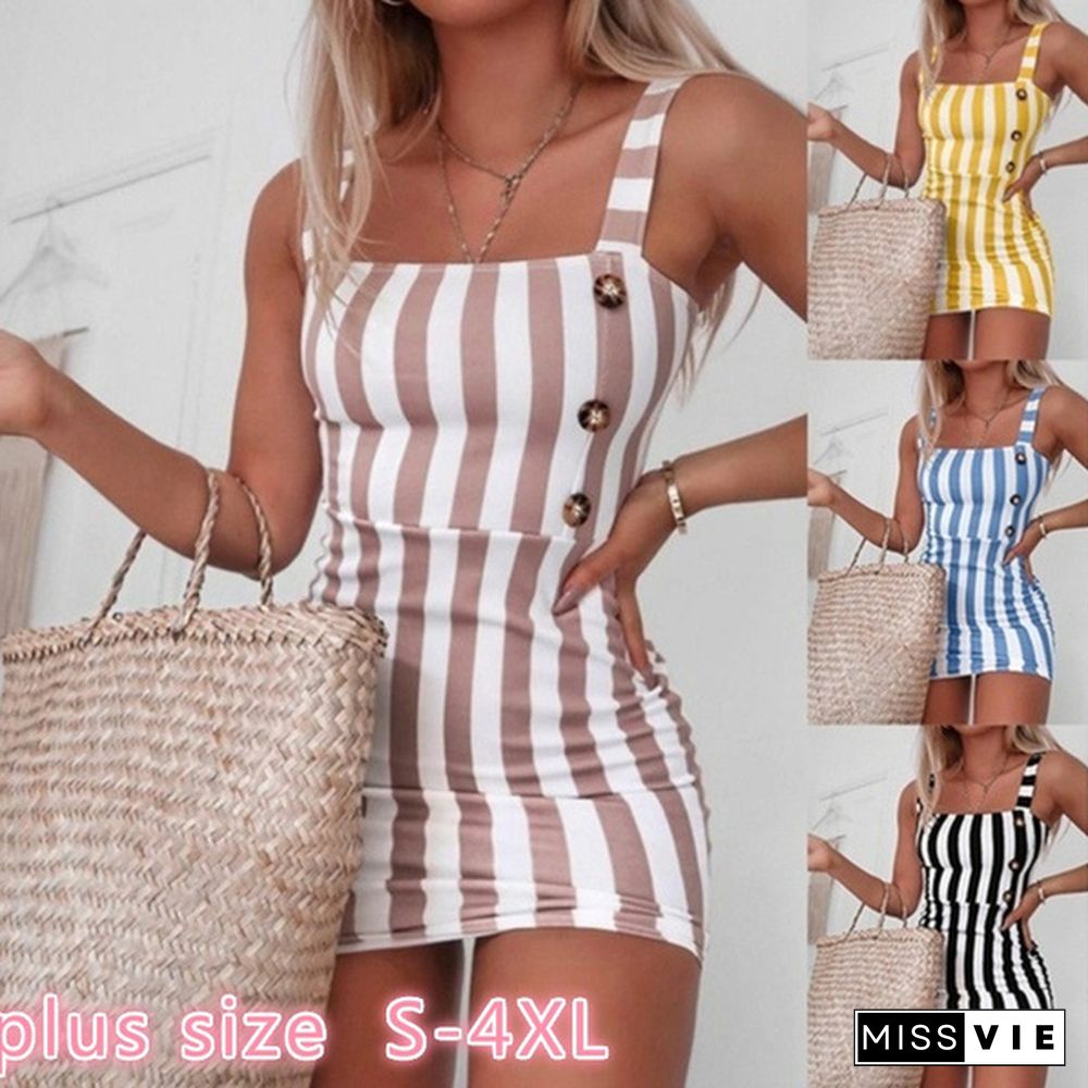 Women Vintage Vertical Striped Mini Button Cami Spring And Summer Dresses