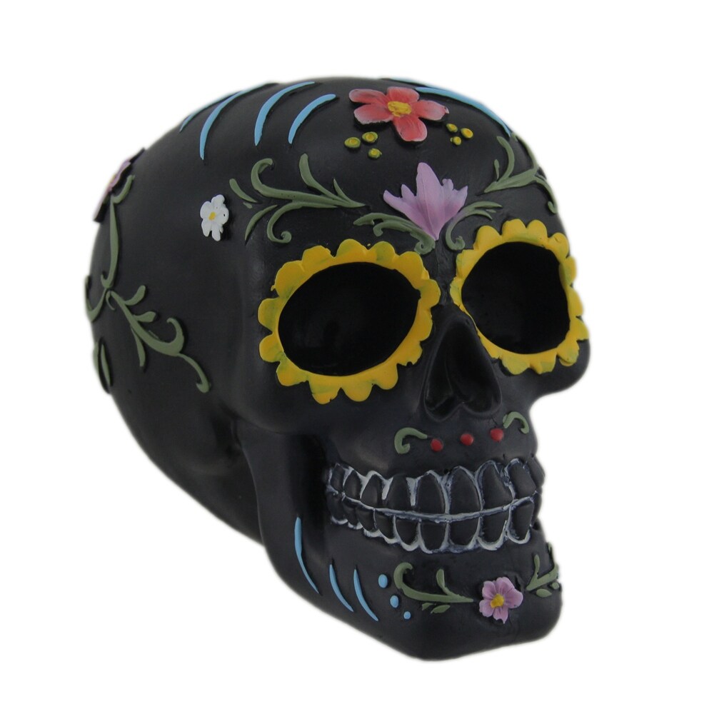 Hand Painted Black Day Of The Dead Sugar Skull Statue   4.25 X 5.5 X 4 inches