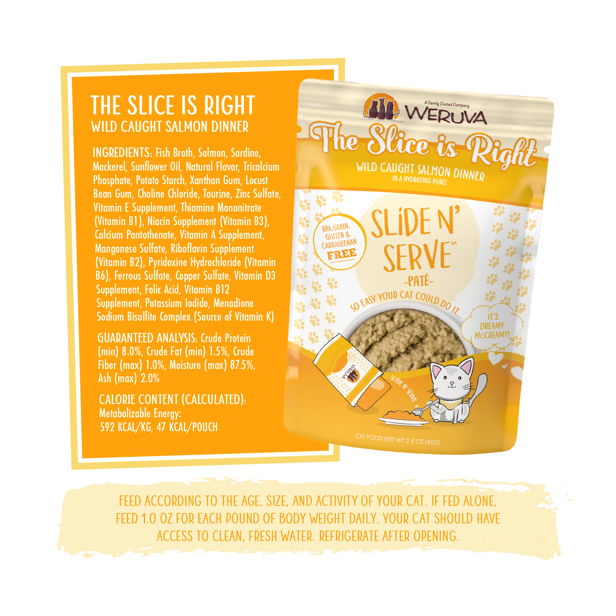 Weruva Pate The Slice is Right Wild Caught Salmon Dinner in a Hydrating Puree Wet Cat Food， 2.8 oz.， Case of 12