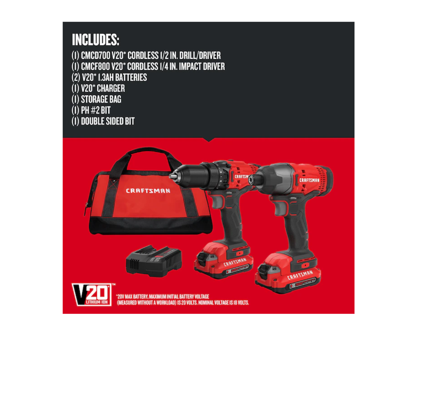 CRAFTSMAN CMCK200C2 V20 2-Tool 20-Volt Max Power Tool Combo Kit with Soft Case (2-Batteries Included and Charger Included)