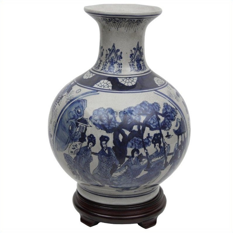 Oriental Furniture 12" Ladies Blue & White Porcelain Vase