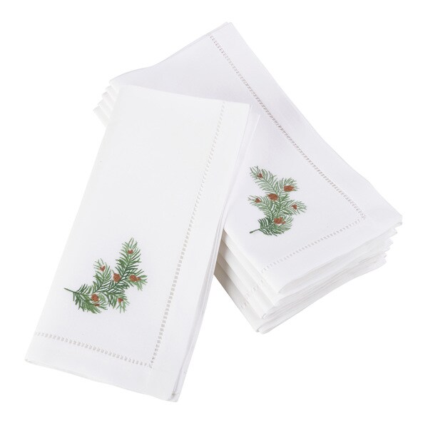 Winter Pine Embroidered and Hemstitched Cotton Napkin (Set of 6)