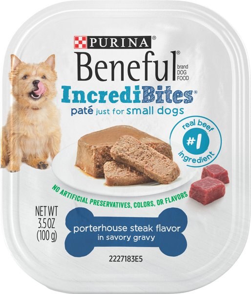 Purina Beneful IncrediBites Porterhouse Steak Flavor in a Savory Gravy Pate Small Wet Dog Food， 3.5-oz can， case of 10