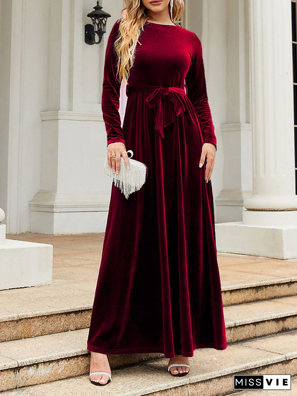 Long Sleeves Wrap Belted Pleated Solid Color Zipper Round-Neck Maxi Dresses