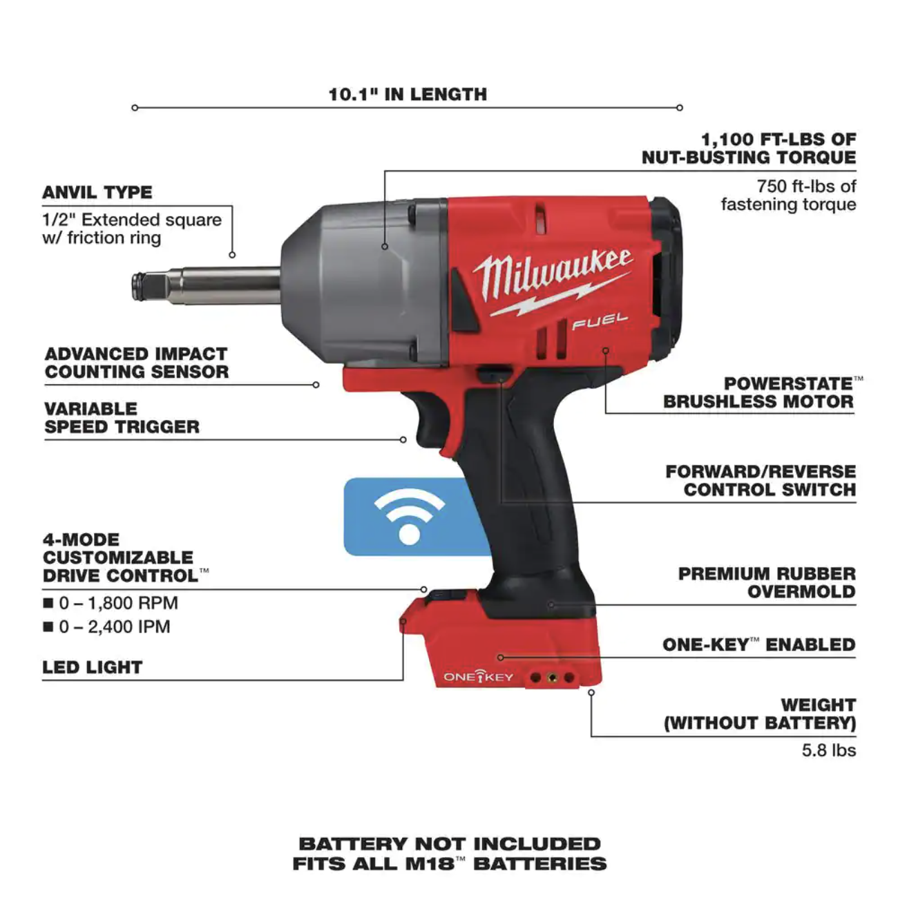 Milwaukee M18 ONE-KEY FUEL 18V Lithium-Ion Brushless Cordless 1/2 in. Impact Wrench with Extended Anvil (Tool-Only)