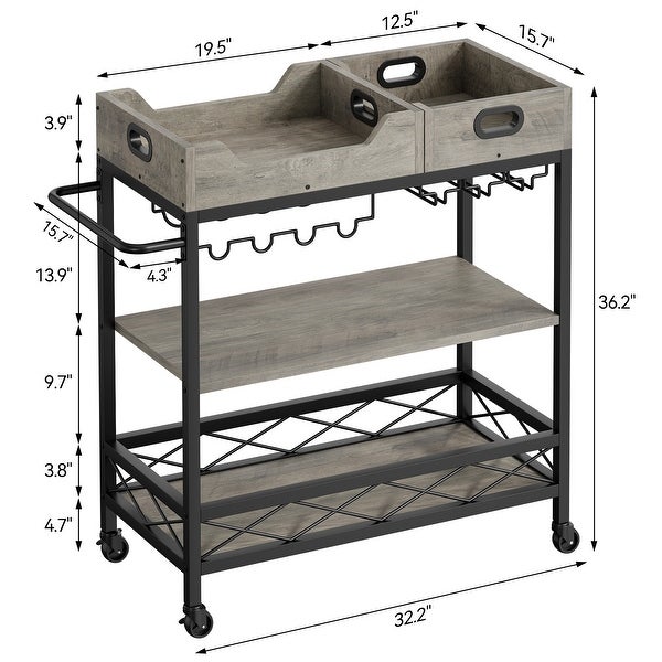 Bar Cart， 3 Tier Bar Carts for The Home，Grey Bar Cart with Wheels， Two Portable Trays， Wine Rack， Glasses Holder