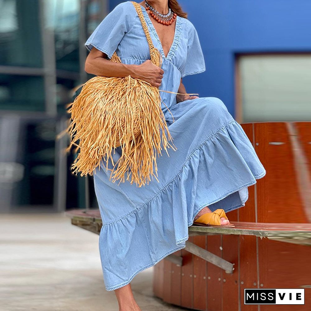 Autumn Ladies V-Neck High Waist Maxi Dress Harajuku Short Sleeve Loose Ruffle Hem Blue Dress Women Retro Beach Boho Long Dresses