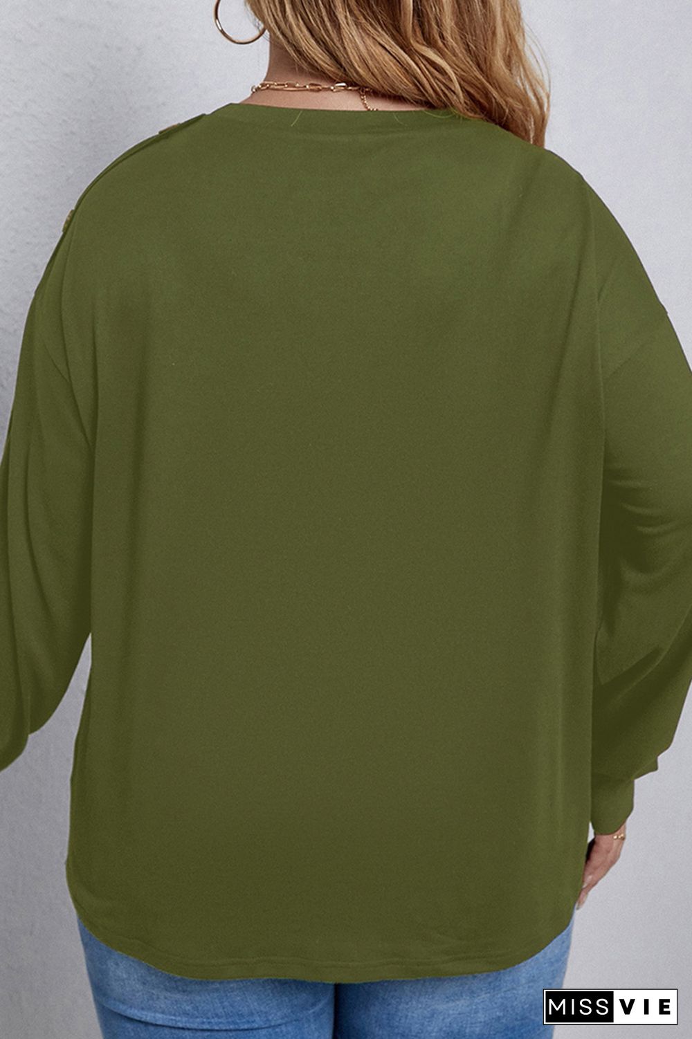 Plus Size Button Sleeve Plain Top