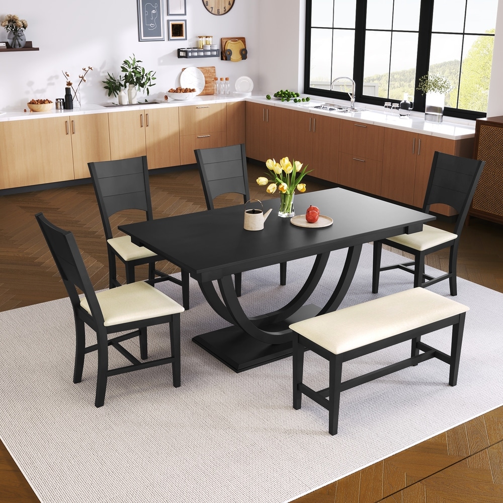 6 Piece Wood Dining Table Set with Long Bench