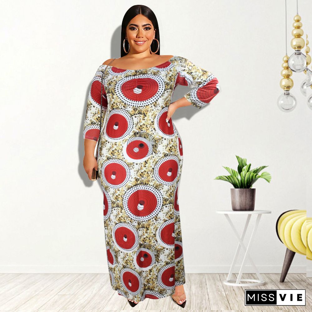 Off Shoulder Slash Neck Printed Plus Size Dresses