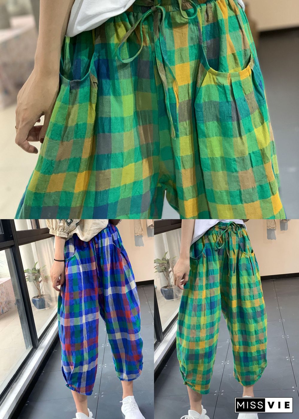 Handmade Green Elastic Waist Pockets Plaid Linen Harem Pants Summer