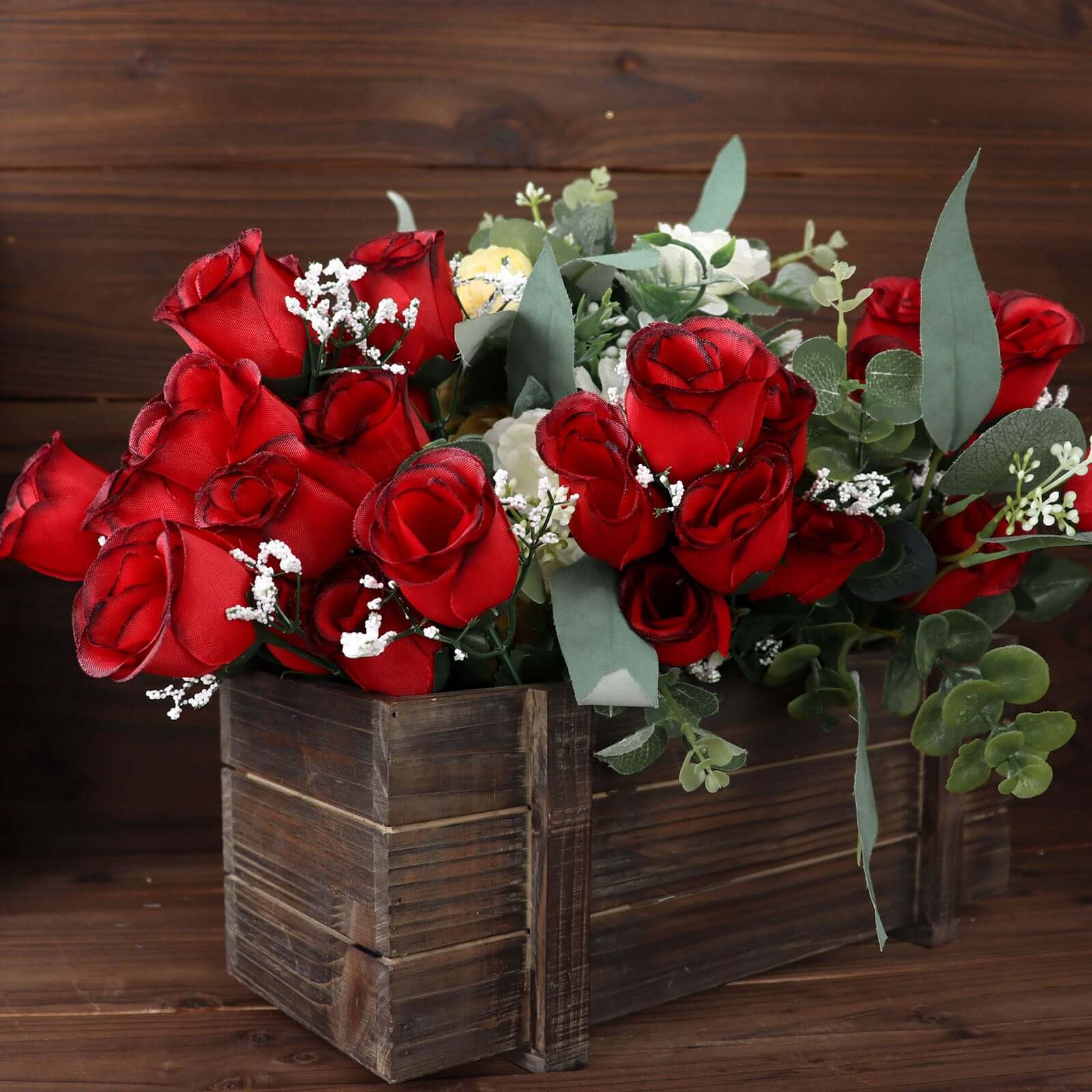 12 Bushes Red, Black Artificial Premium Silk Flower Rose Bud Bouquets