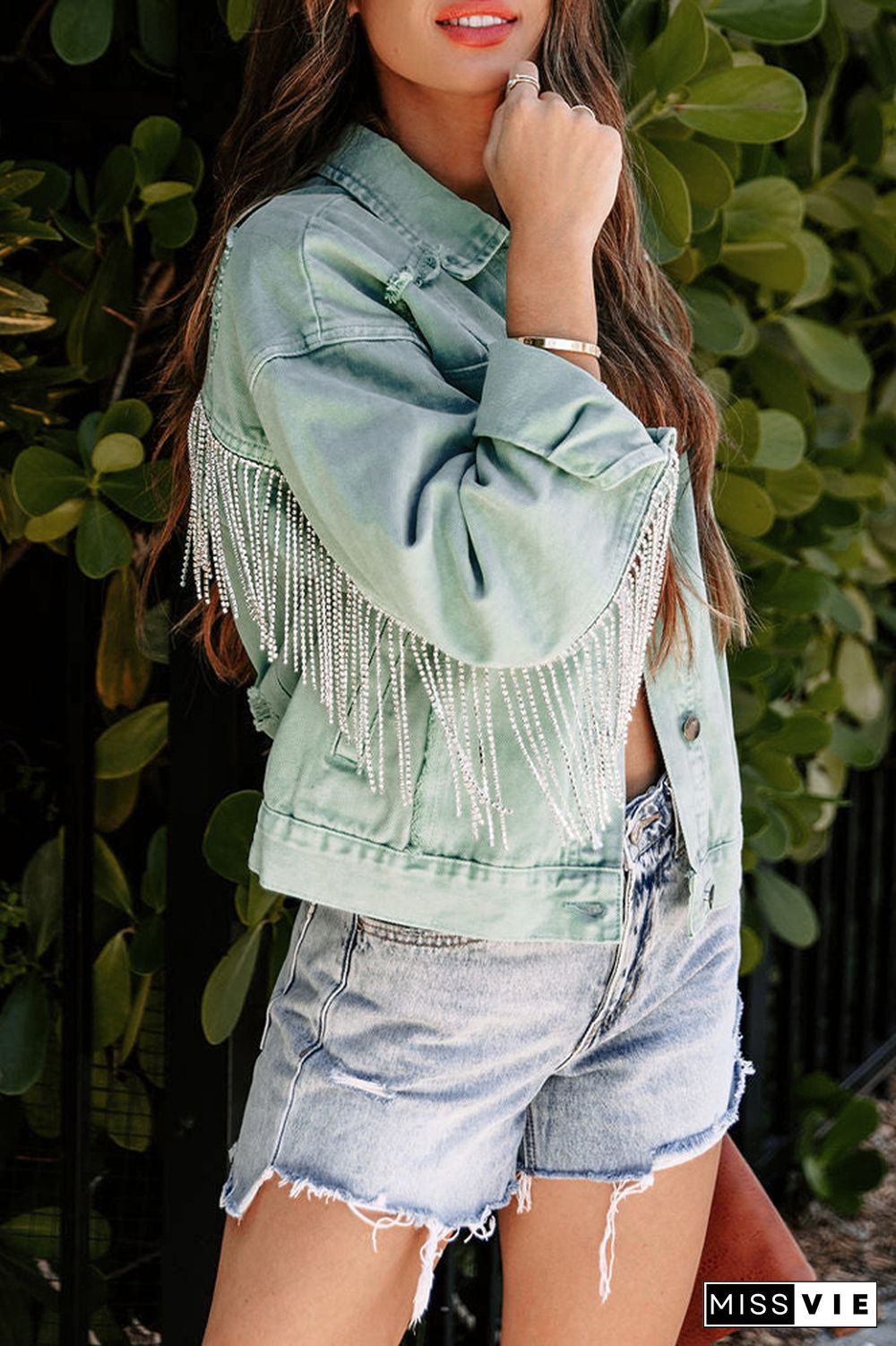 Distressed Chains Tassle Ripped Denim Jacket