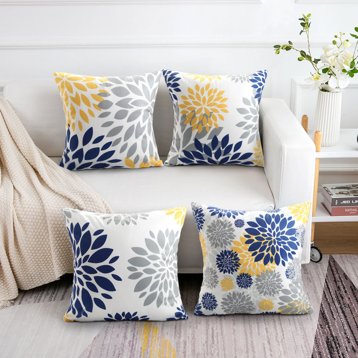 Throw Pillow Covers 18x18 Set of 4 Decorative Throw Pillow Case Cushion Cover Velvet Modern Cozy Square Cushion Case Set for Couch Living Room Farmhouse Outdoor Home Decoration(Yellow Flower Pattern)