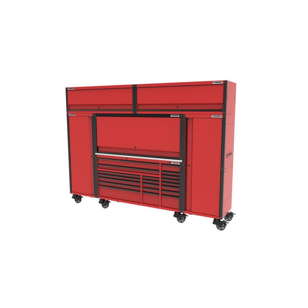 Husky 72 in. W x 24.5 in. D Professional Duty 20-Drawer Mobile Workbench Combo w 2 Side Lockers 2 Top Lockers and Top Hutch HPROSUITE5RED