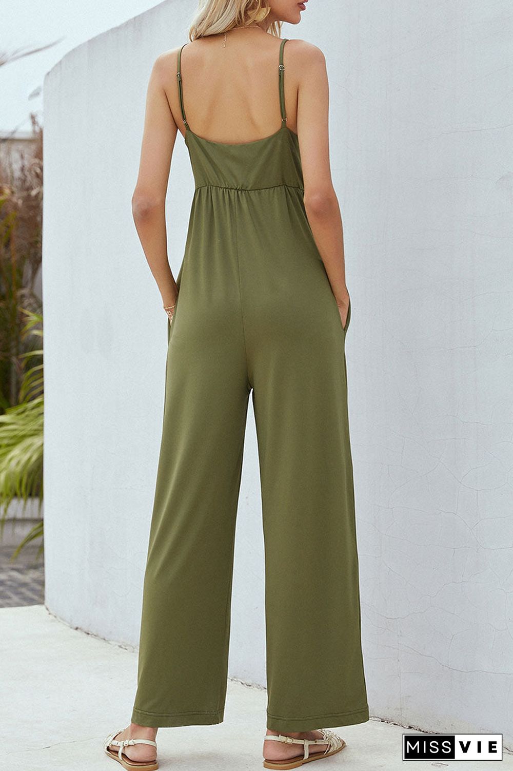 Fashion Street Solid Split Joint V Neck Loose Jumpsuits