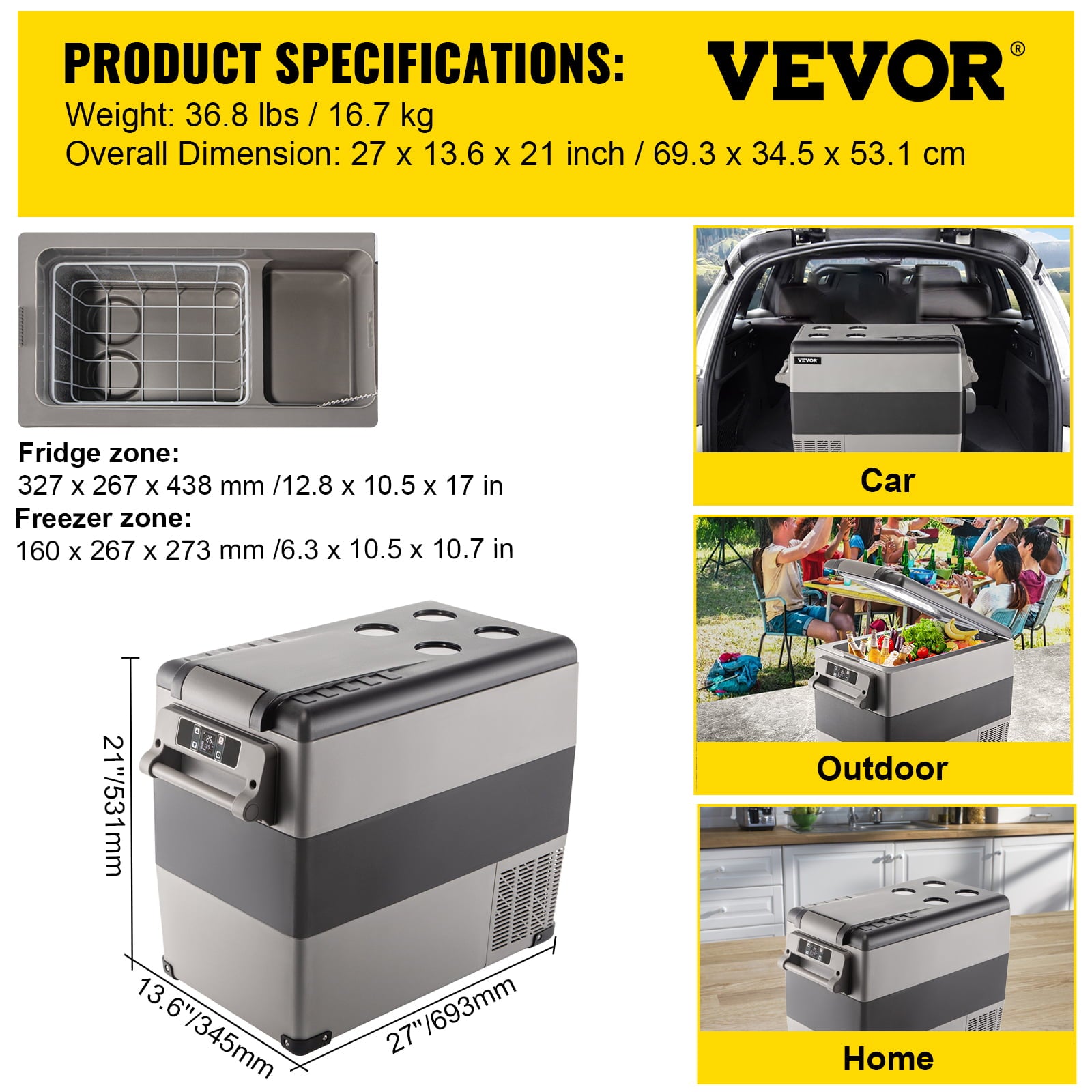 VEVORbrand 55L Portable Car Refrigerator 58 Quart Compact RV Fridge 12/24V DC & 110-240V AC Vehicle Car Truck Boat Mini Electric Cooler for Driving Travel Fishing Outdoor and Home Use -4°F-50°F