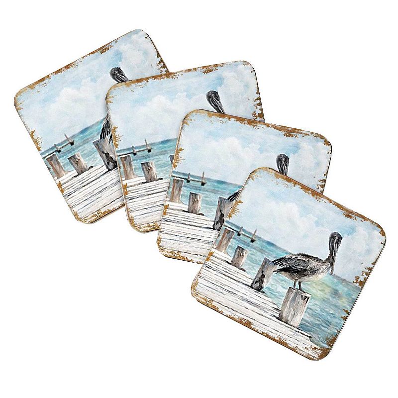 Pelican Coastal Wooden Cork Coasters Gift Set of 4 by Nature Wonders