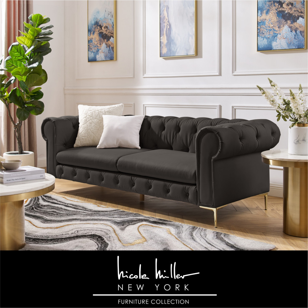 Nicole Miller Geraldine Sofa Button Tufted  3 Seat  Leather PU   Midcentury   Sofas   by Inspired Home  Houzz