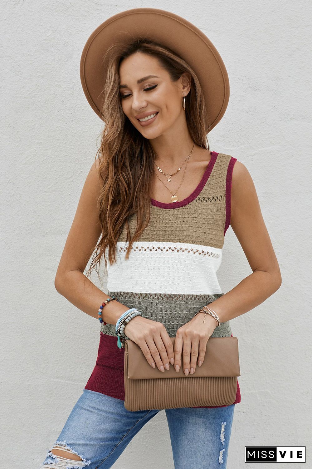 Burgundy Color Block Knitted Tank Top