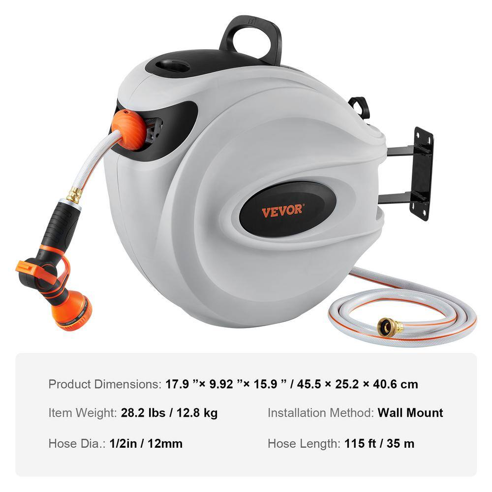 VEVOR Retractable Hose Reel 12 in. Dia x 115 ft. Garden Water Hose Reel with 9-Pattern Nozzle 180 Swivel Bracket KSSJGQHTSH115528WV0