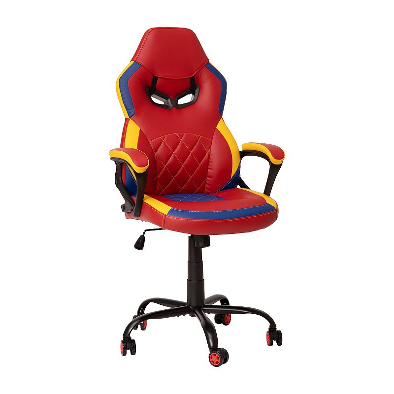 Emma and Oliver Faux Leather Ergonomic Designer Back Gamer Chair with Diamond Stitch， Lumbar Support and Padded Arms in Red， Blue and Yellow