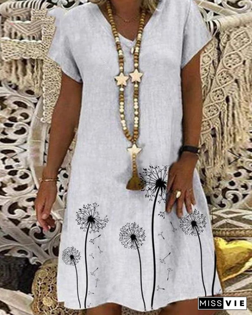 Casual Printed V-neck Short Sleeve Midi Dress