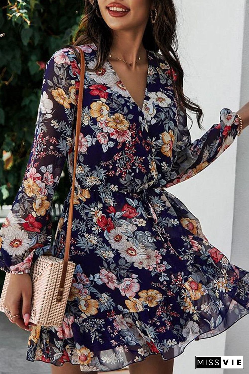 Chiffon V-Neck Floral Print Dress