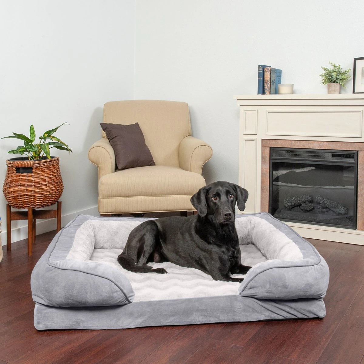 FurHaven Velvet Waves Perfect Comfort Orthopedic Sofa Cat and Dog Bed， Granite Gray， Jumbo