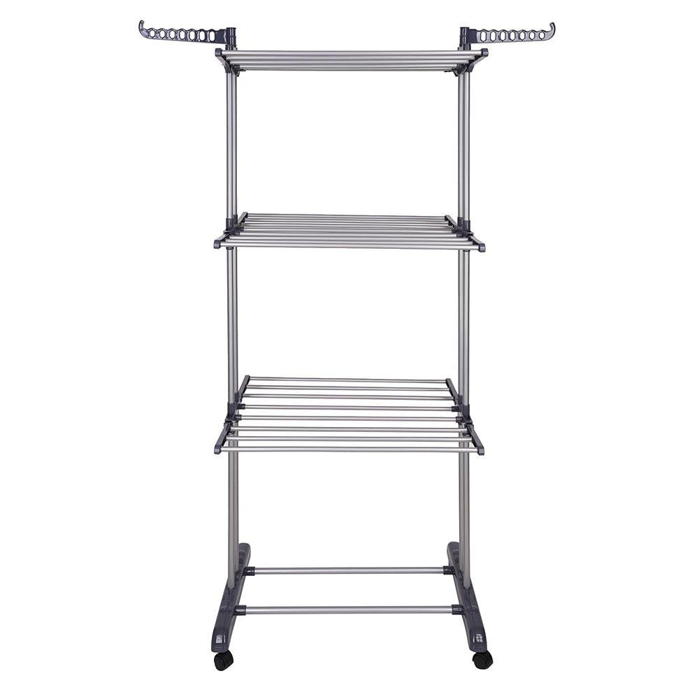 Aquaterior Laundry Folding Clothes Dryer Rack 3 Tiers w/ Casters Dark Gray