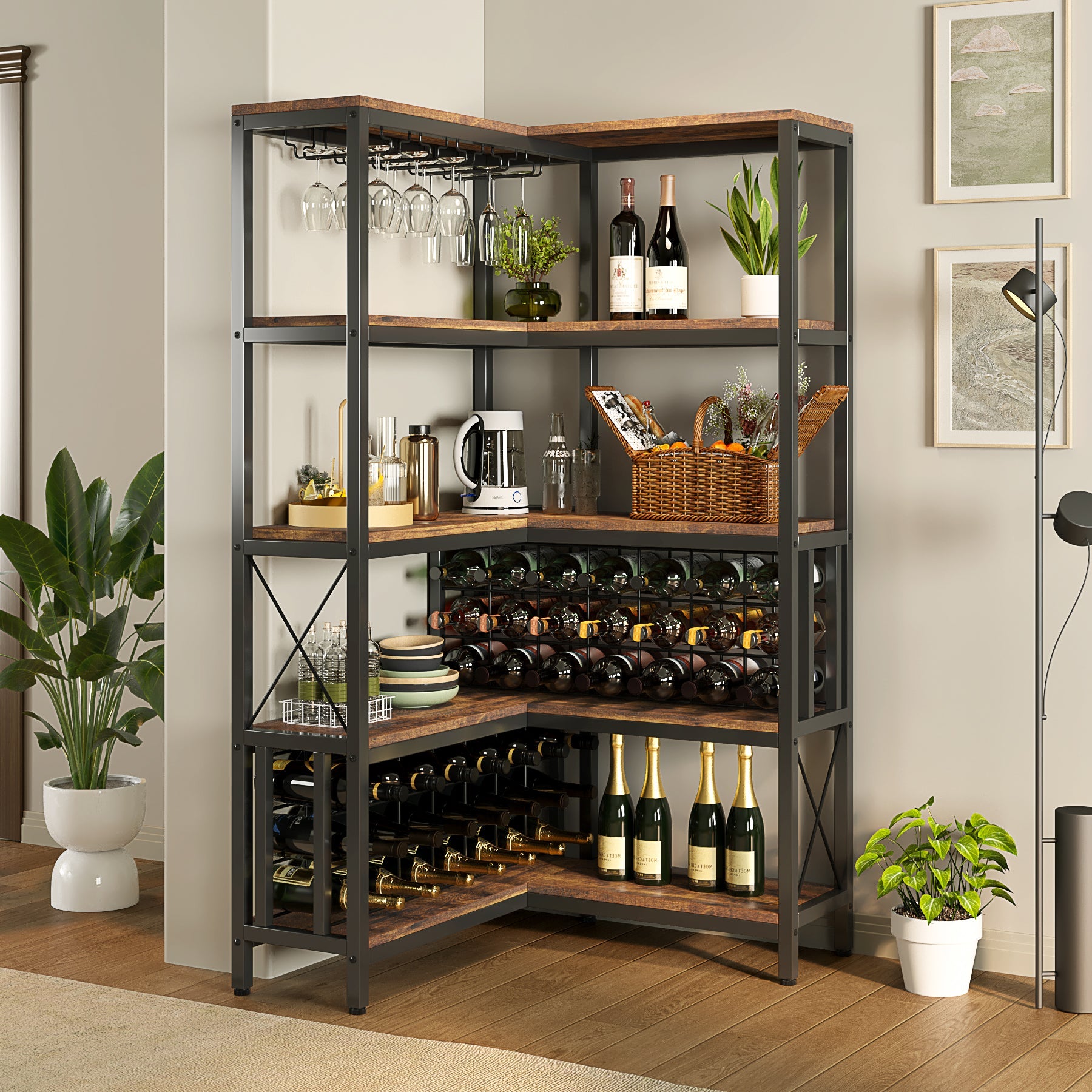 Corner Wine Rack, Freestanding Bar Cabinets for Liquor and Glasses Storage