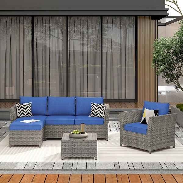 HOOOWOOO Patio Furniture Outdoor 6piece Grey Rattan Sectional Set with Ottoman