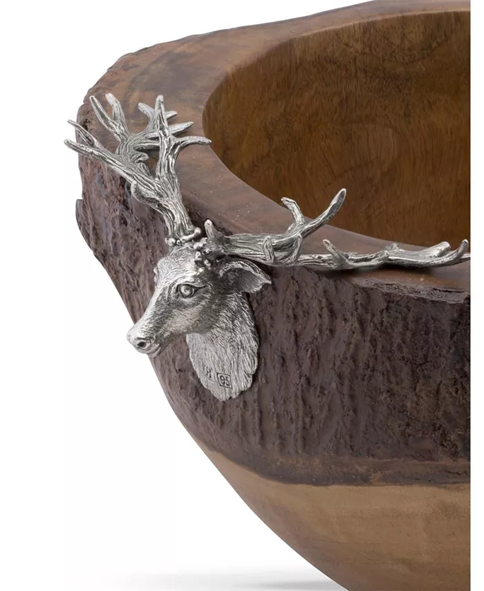 Vagabond House Elk Deer Head Rustic Wood Salad Bowl with Natural Bark Edge