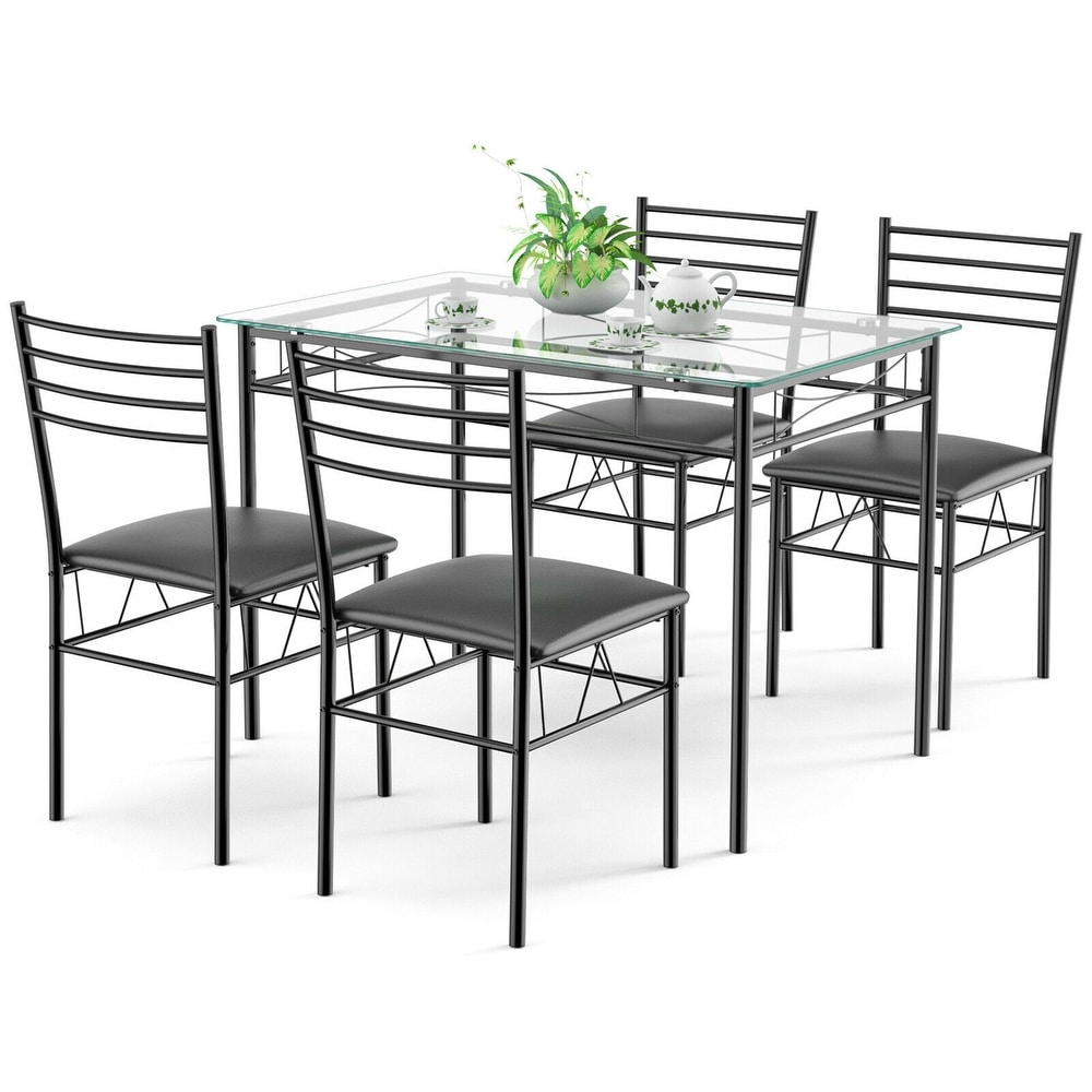 Gymax 5 Piece Dining Set Glass Top Table   4 Upholstered Chairs   See Details