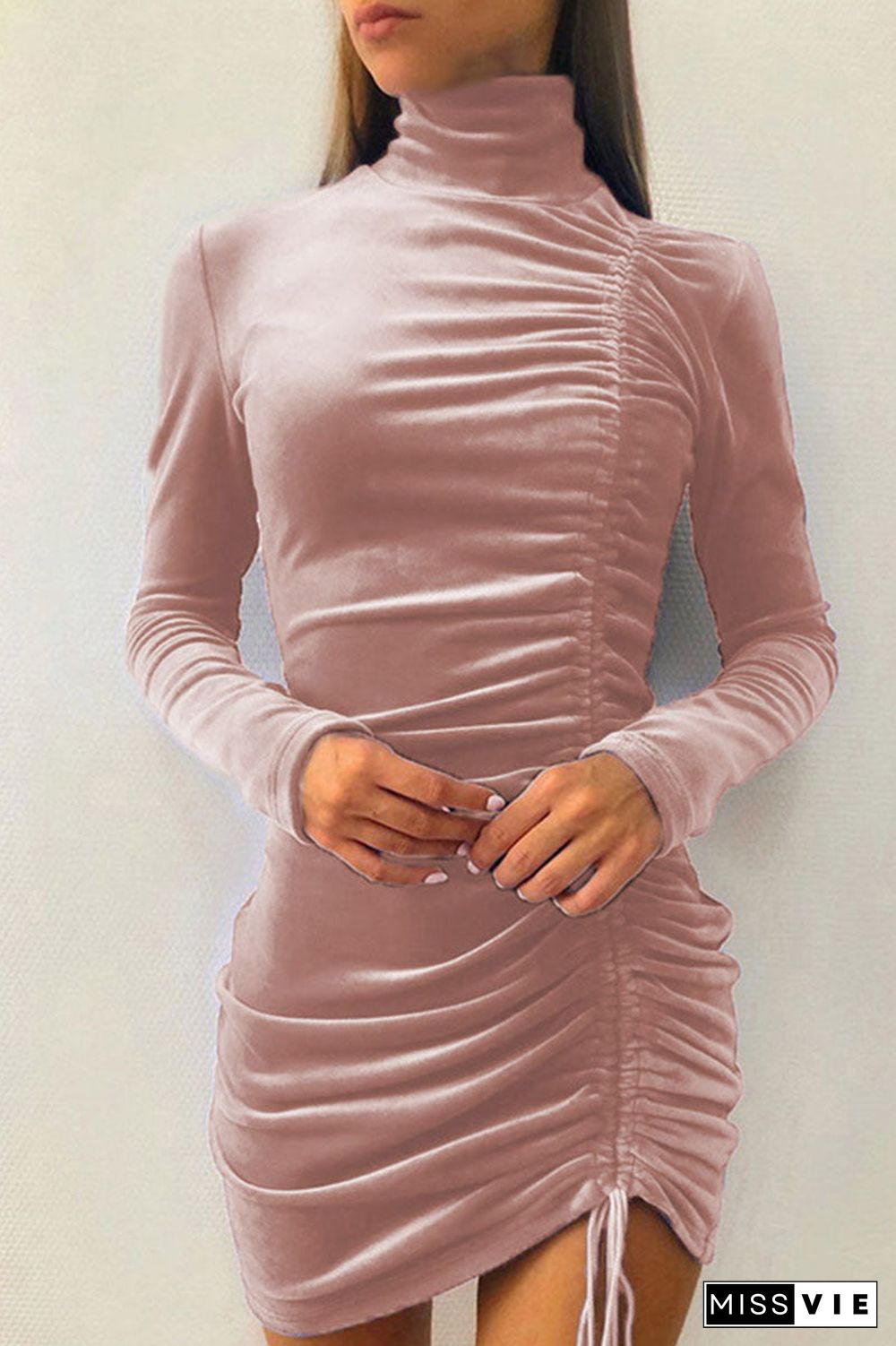 Sexy Elegant Solid Draw String Half A Turtleneck Wrapped Skirt Dresses(8 Colors)