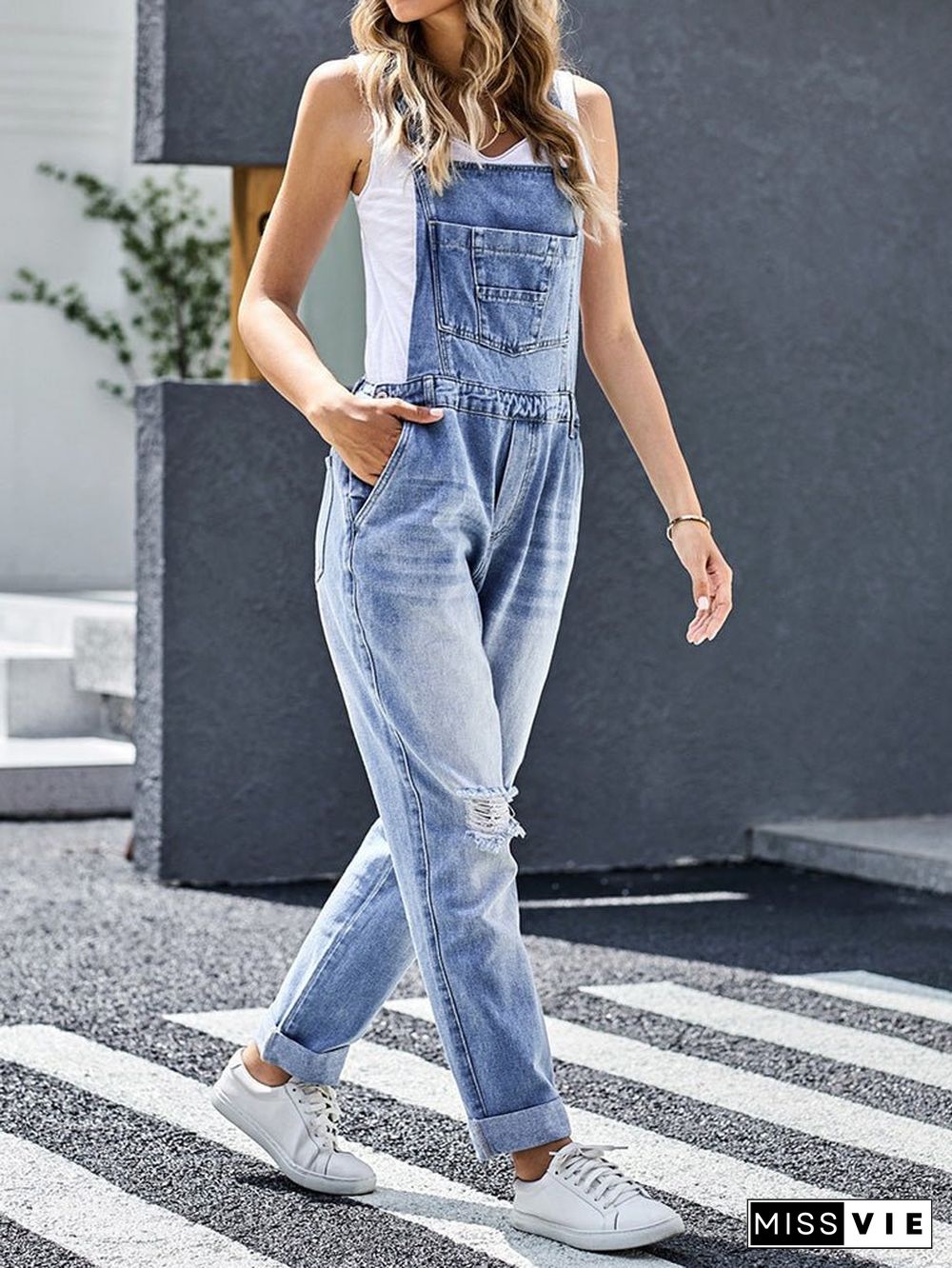 Women'S Jumpsuits Loose Pocket Ripped Denim Jumpsuit