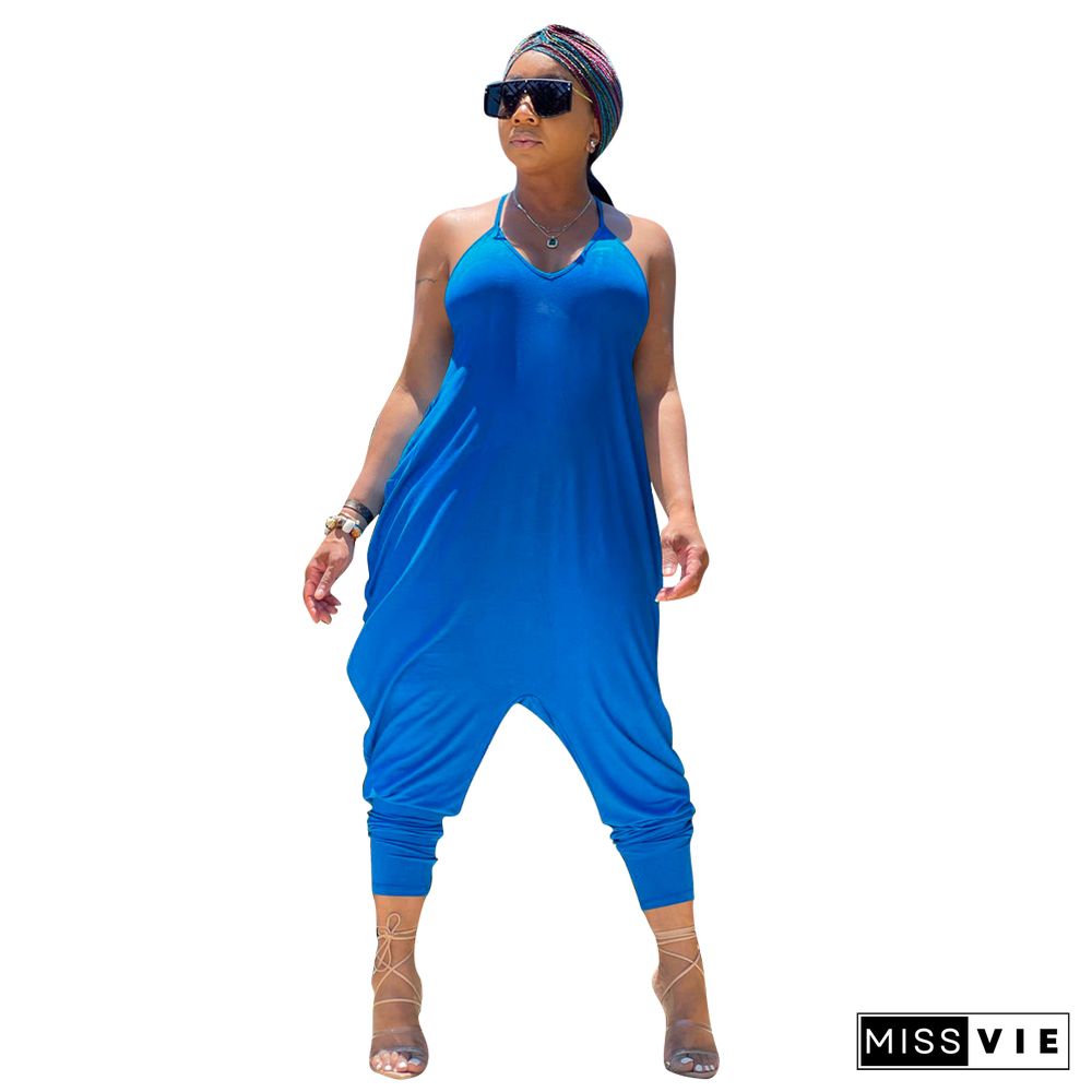 V Neck Sleeveless Solid One Piece Harem Jumpsuits