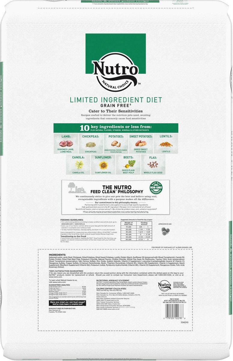 Nutro Limited Ingredient Diet Sensitive Support with Real Lamb and Sweet Potato Grain-Free Small Bites Adult Dry Dog Food