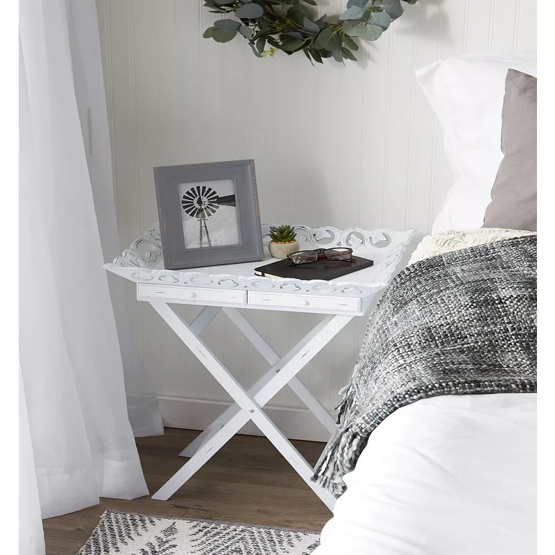 Romantic White Serving Tray with Stand with Two Drawers