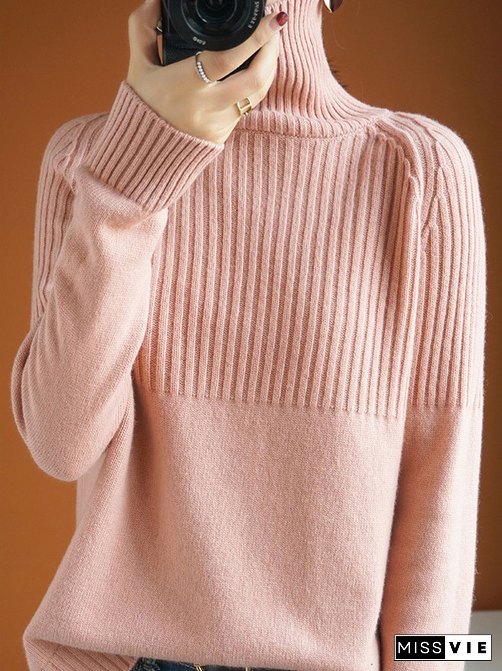 Casual Long Sleeves Loose Solid Color High-Neck Sweater Tops