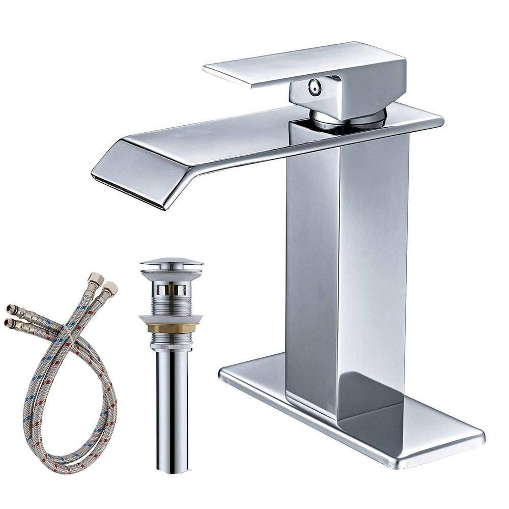 FLG Single-Handle Single-Hole Waterfall Bathroom Sink Faucet with Pop-Up Drain Kit and Deckplate Included in Polished Chrome LE-0087-C-D