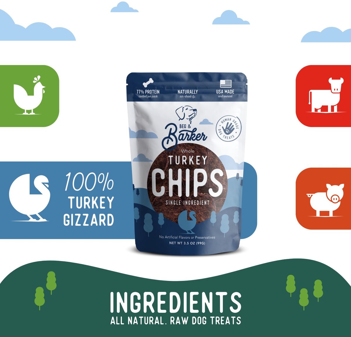 Beg and Barker Whole Turkey Chips Natural Single Ingredient Dog Treats， 3.5-oz， case of 4